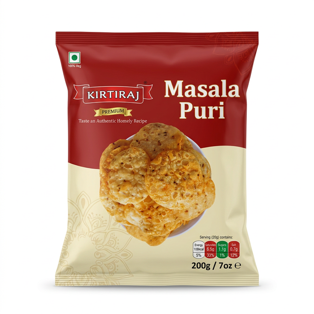 Kirtiraj Masala Puri by Kirtiraj Indian Snacks — front view showing product label and branding, studio product photo on white background