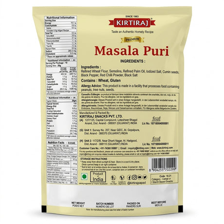 Kirtiraj Masala Puri by Kirtiraj Indian Snacks — back view showing ingredients and product details, studio product photo on white background