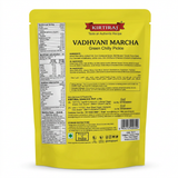 Kirtiraj Vadhvani Marcha Green Chilli Pickle by Kirtiraj Pickles — back view showing ingredients and product details, studio product photo on white background