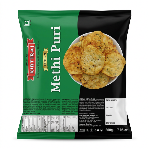 Kirtiraj Methi Puri by Kirtiraj Indian Snacks — front view showing product label and branding, studio product photo on white background