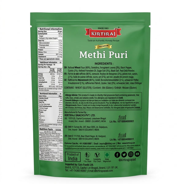 Kirtiraj Methi Puri by Kirtiraj Indian Snacks — back view showing ingredients and product details, studio product photo on white background