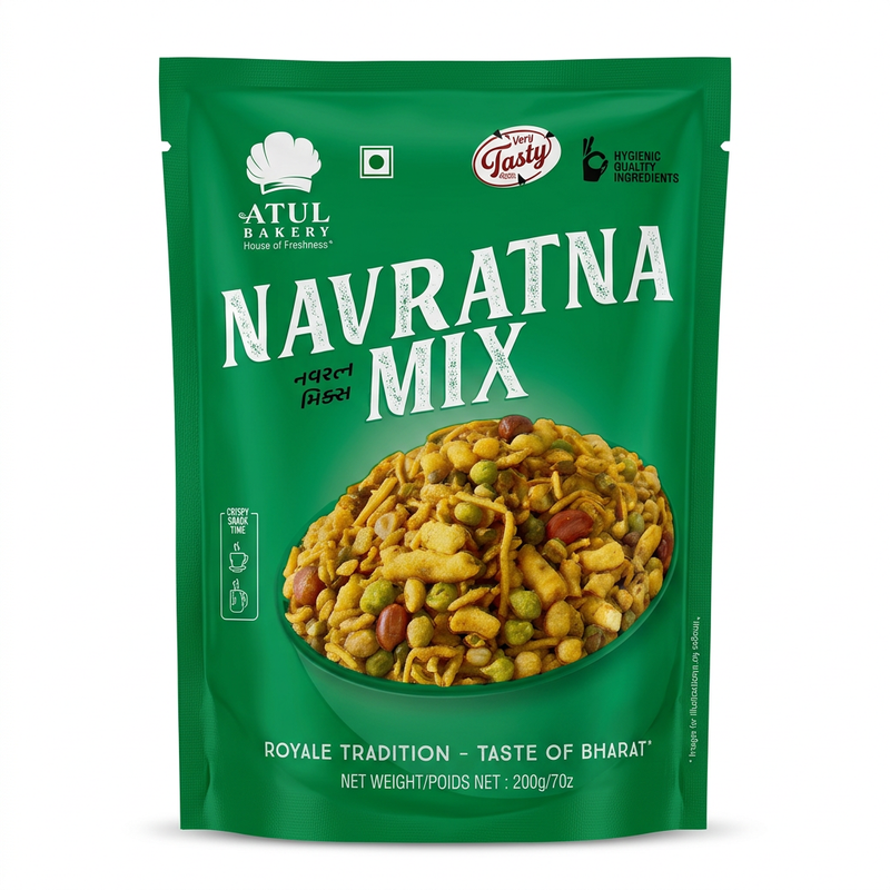 Atul Bakery Navratan Mixture by Atul Bakery Indian Snacks — front view showing product label and branding, studio product photo on white background