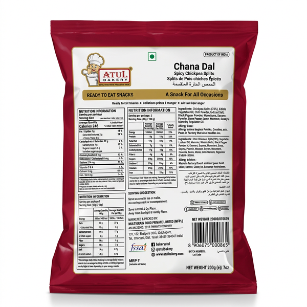 Atul Bakery Snack Chana Dal by Atul Bakery Indian Snacks — back view showing ingredients and product details, studio product photo on white background