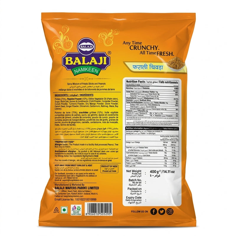 Balaji Farari Chevda by Balaji Indian Snacks — back view showing ingredients and product details, studio product photo on white background