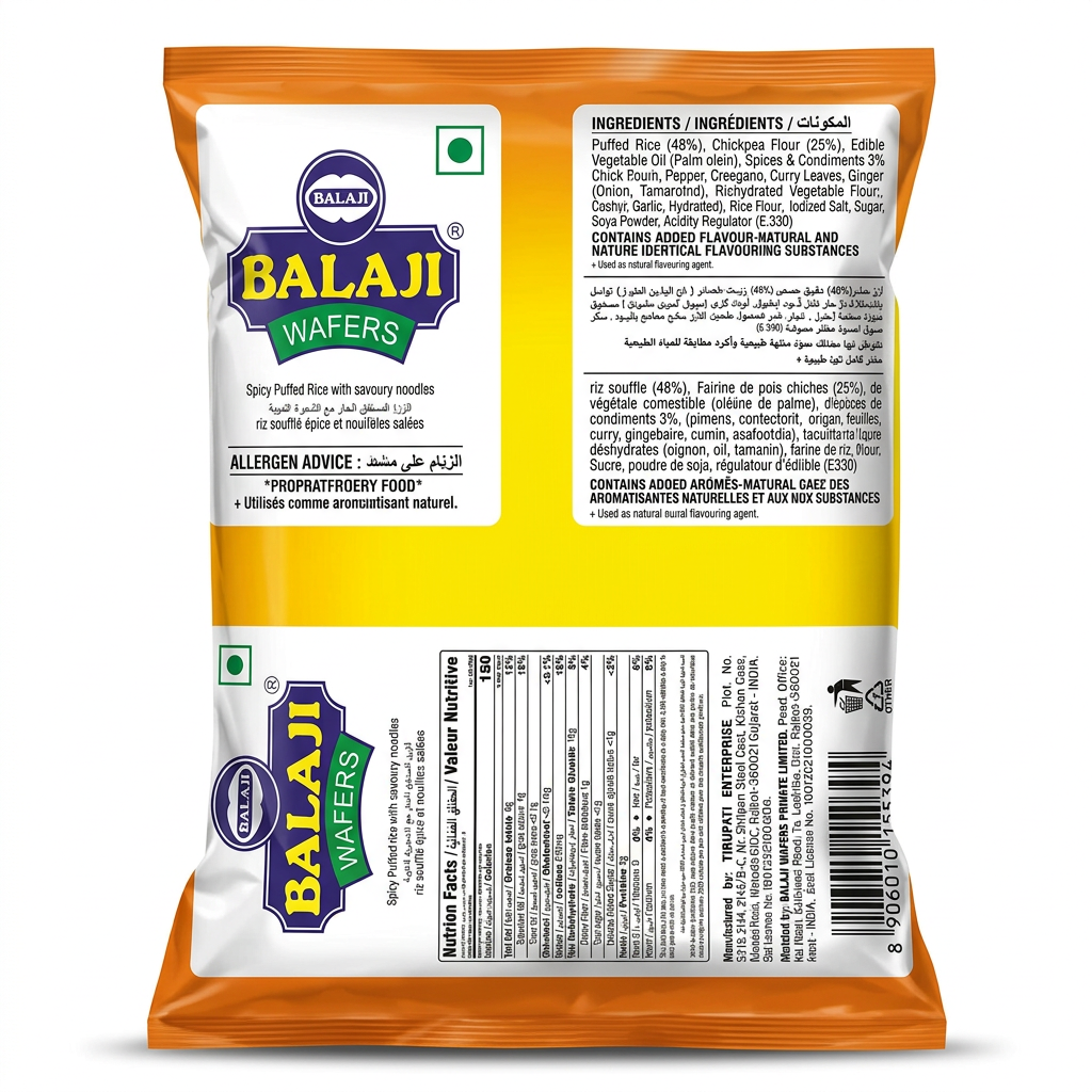 Balaji Masala Sev Mamra by Balaji Indian Snacks — back view showing ingredients and product details, studio product photo on white background