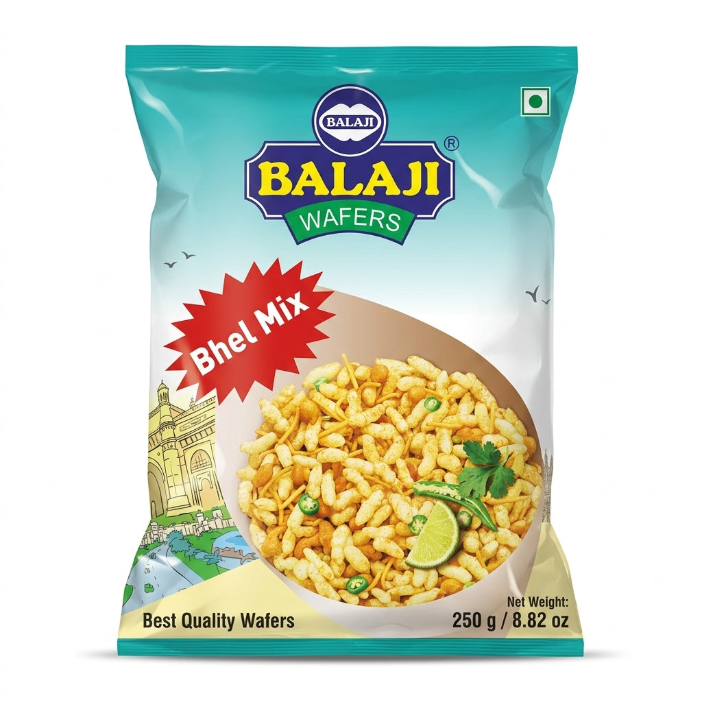 Balaji Bhel Mix by Balaji Indian Snacks — front view showing product label and branding, studio product photo on white background