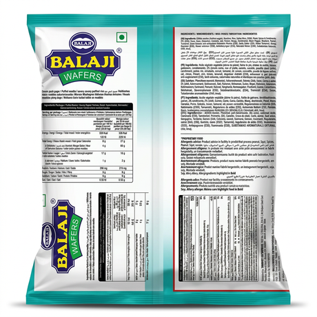 Balaji Bhel Mix by Balaji Indian Snacks — back view showing ingredients and product details, studio product photo on white background