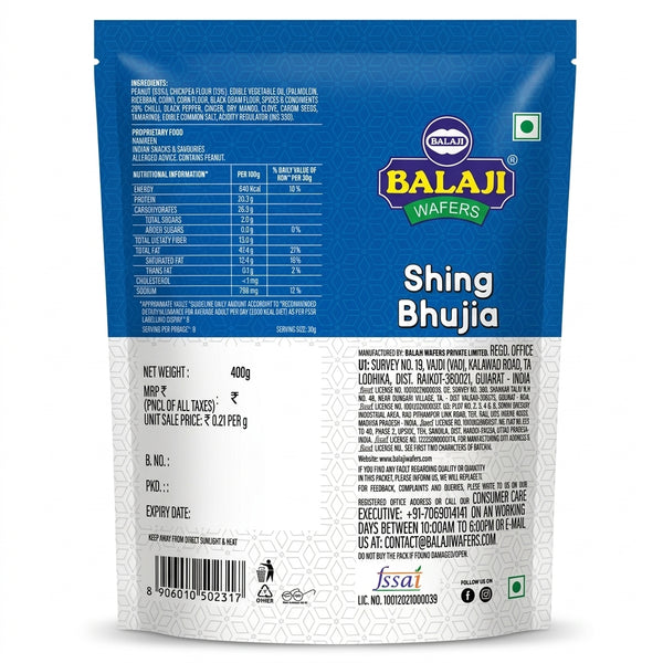 Balaji Sing Bhujia by Balaji Indian Snacks — back view showing ingredients and product details, studio product photo on white background