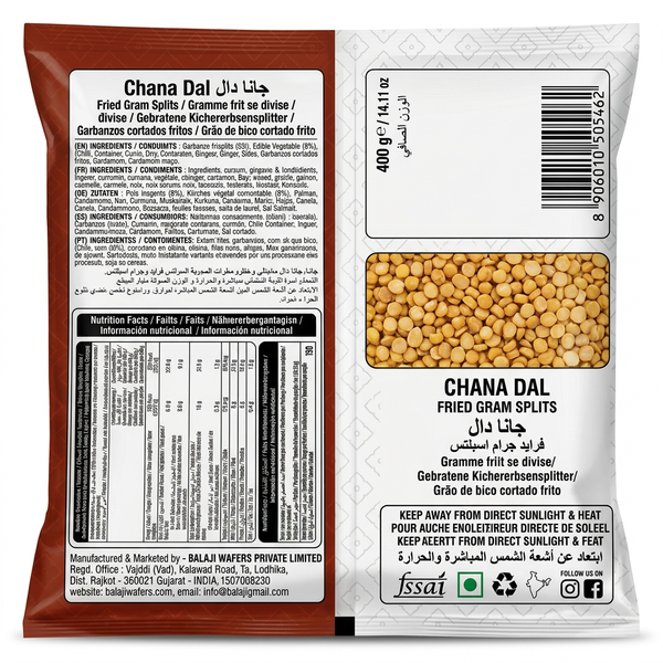 Balaji Snack Chana Dal by Balaji Indian Snacks — back view showing ingredients and product details, studio product photo on white background