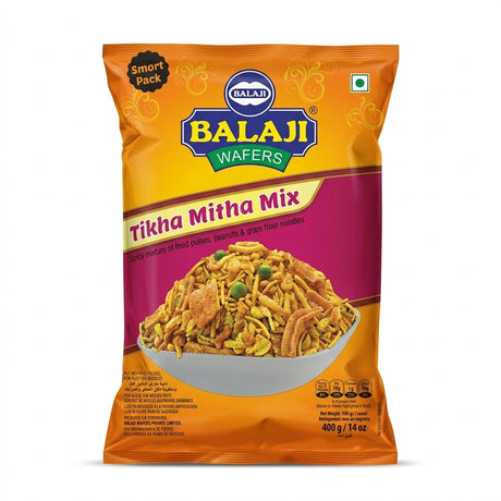 Balaji Tikha Meetha Mix by Balaji Indian Snacks — front view showing product label and branding, studio product photo on white background