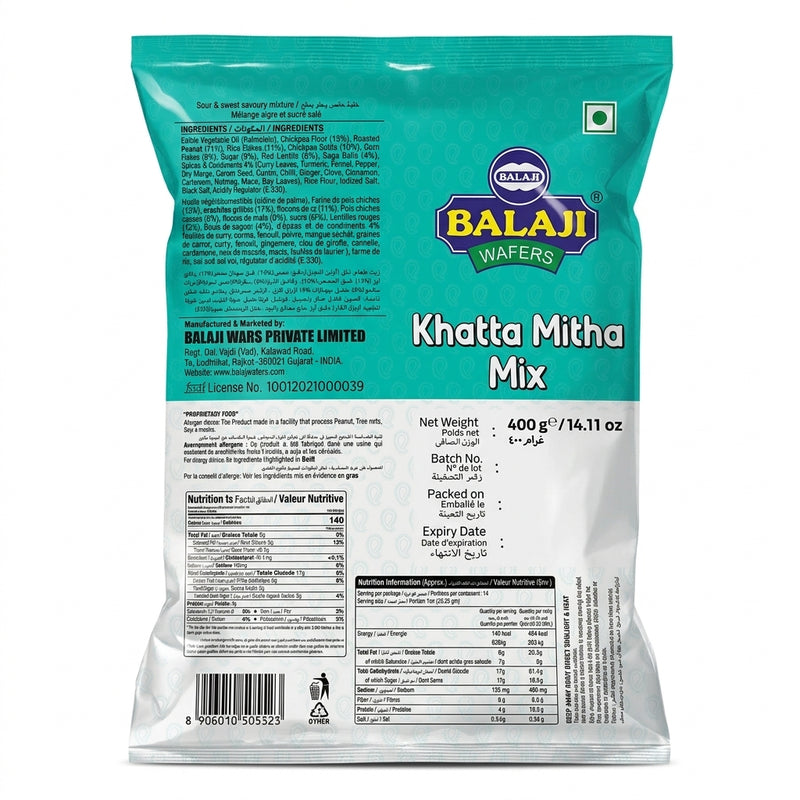 Balaji Khatta Meetha by Balaji Indian Snacks — back view showing ingredients and product details, studio product photo on white background