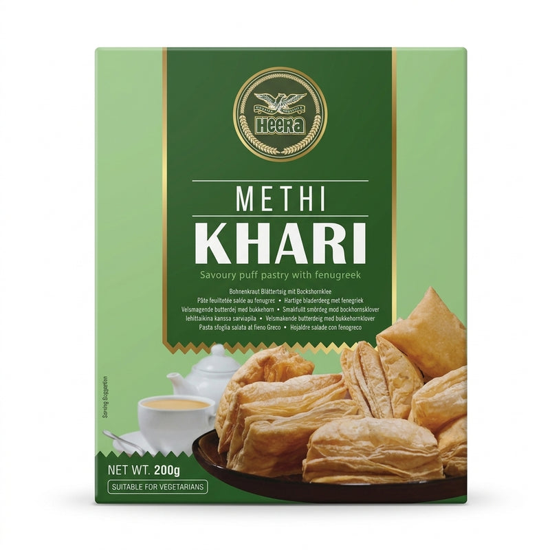 Heera Methi Khari by Heera Biscuits & Bakery — front view showing product label and branding, studio product photo on white background