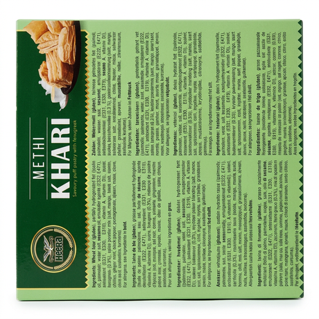 Heera Methi Khari by Heera Biscuits & Bakery — back view showing ingredients and product details, studio product photo on white background