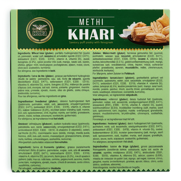 Heera Methi Khari by Heera Biscuits & Bakery — back view showing ingredients and product details, studio product photo on white background