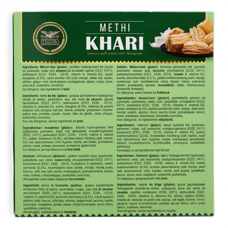 Heera Methi Khari by Heera Biscuits & Bakery — back view showing ingredients and product details, studio product photo on white background