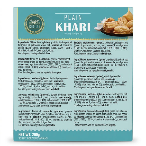 Heera Plain Khari by Heera Biscuits & Bakery — back view showing ingredients and product details, studio product photo on white background