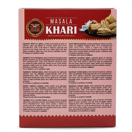 Heera Masala Khari by Heera Biscuits & Bakery — back view showing ingredients and product details, studio product photo on white background
