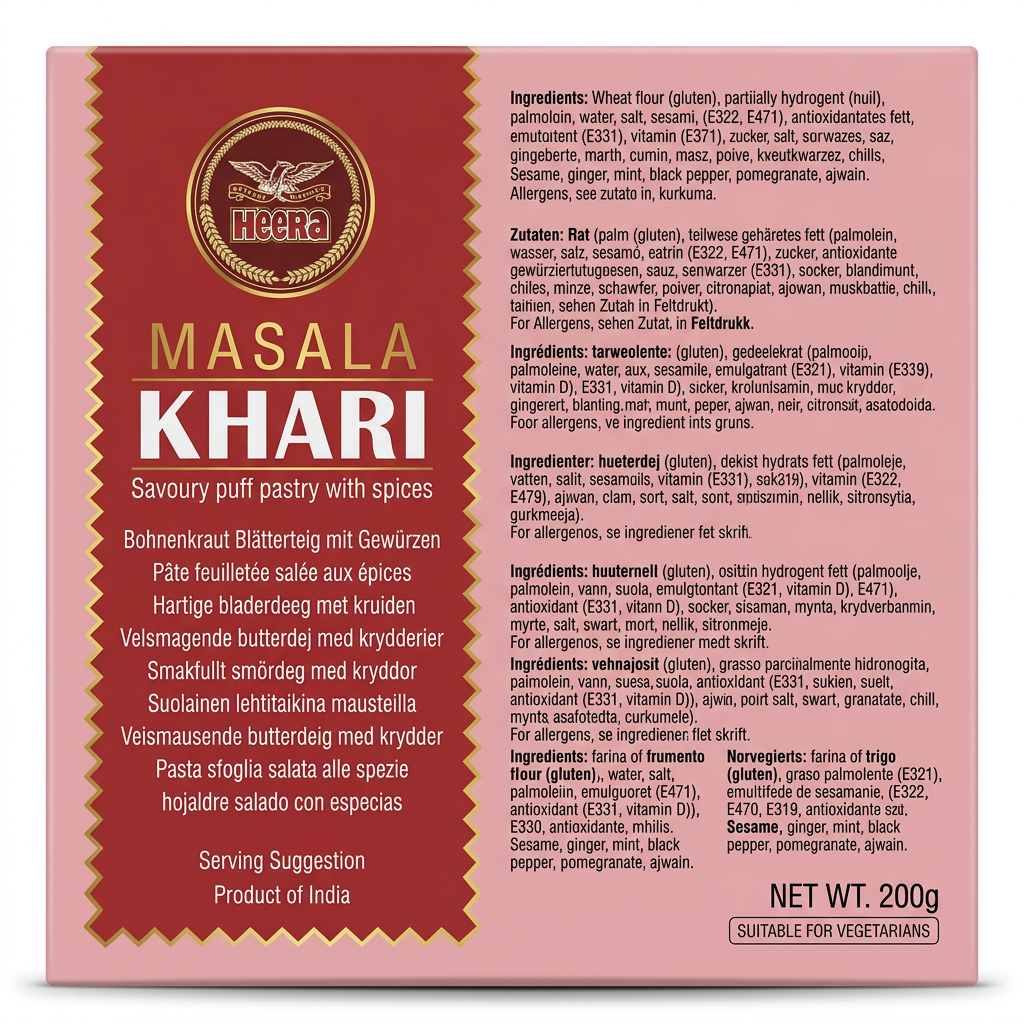 Heera Masala Khari by Heera Biscuits & Bakery — back view showing ingredients and product details, studio product photo on white background