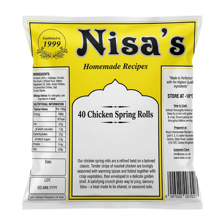 Nisa's Frozen Chicken Spring Rolls by Nisa's Frozen — back view showing ingredients and product details, studio product photo on white background