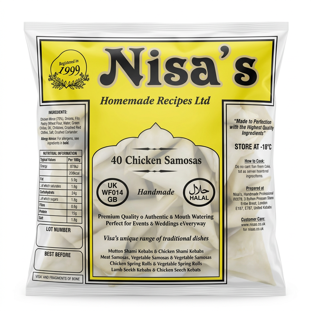 Nisa's Frozen Chicken Samosas by Nisa's Frozen — back view showing ingredients and product details, studio product photo on white background