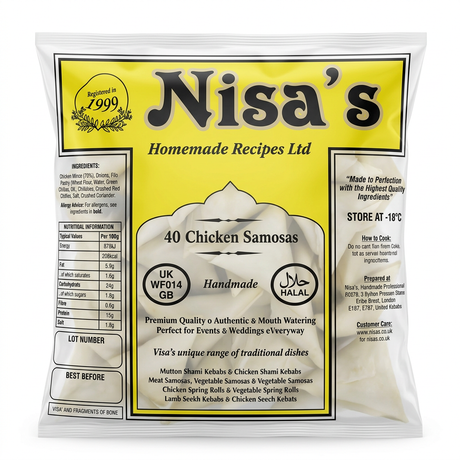 Nisa's Frozen Chicken Samosas by Nisa's Frozen — back view showing ingredients and product details, studio product photo on white background