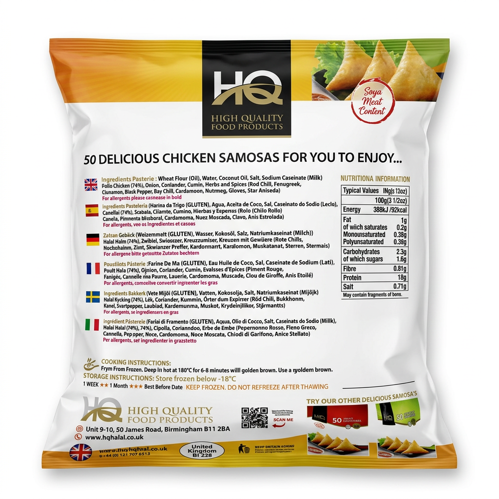 HQ Frozen Chicken Samosas by HQ Frozen — back view showing ingredients and product details, studio product photo on white background