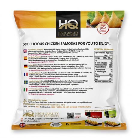 HQ Frozen Chicken Samosas by HQ Frozen — back view showing ingredients and product details, studio product photo on white background