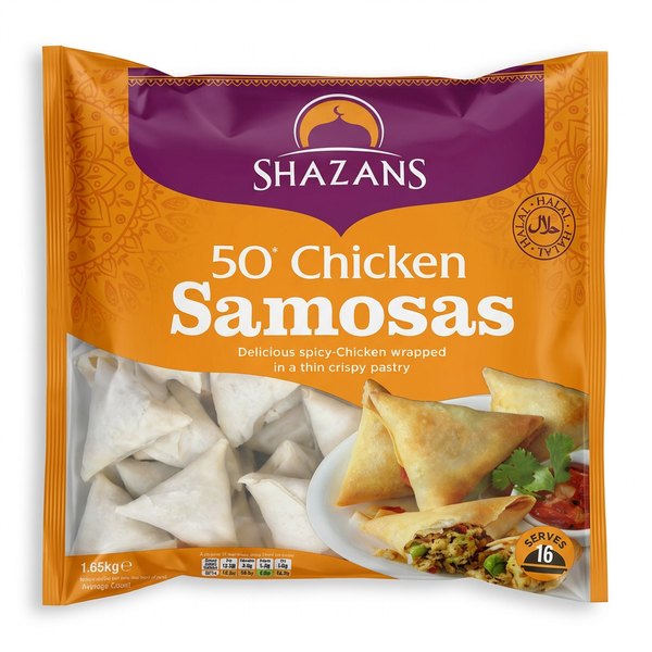 Shazans Frozen Chicken Samosas by Shazans Frozen — front view showing product label and branding, studio product photo on white background