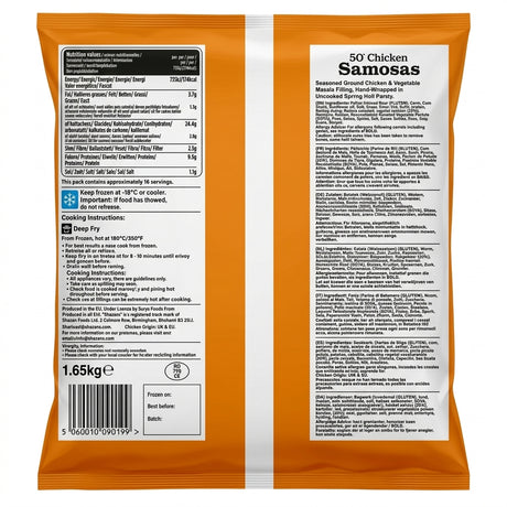 Shazans Frozen Chicken Samosas by Shazans Frozen — back view showing ingredients and product details, studio product photo on white background