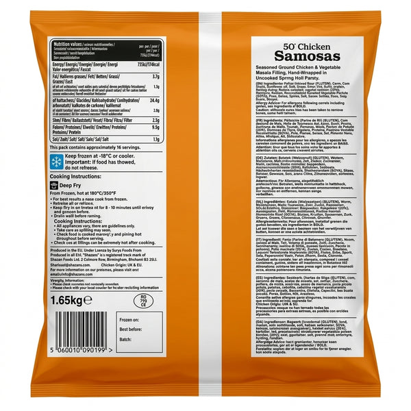 Shazans Frozen Chicken Samosas by Shazans Frozen — back view showing ingredients and product details, studio product photo on white background