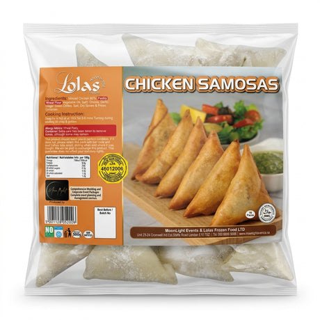 Lolas Frozen Chicken Samosas by Lolas Frozen — front view showing product label and branding, studio product photo on white background
