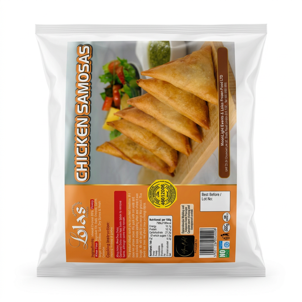 Lolas Frozen Chicken Samosas by Lolas Frozen — back view showing ingredients and product details, studio product photo on white background