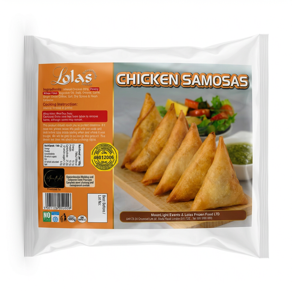 Lolas Frozen Chicken Samosas by Lolas Frozen — back view showing ingredients and product details, studio product photo on white background