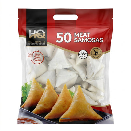HQ Frozen Meat Samosas by HQ Frozen — front view showing product label and branding, studio product photo on white background