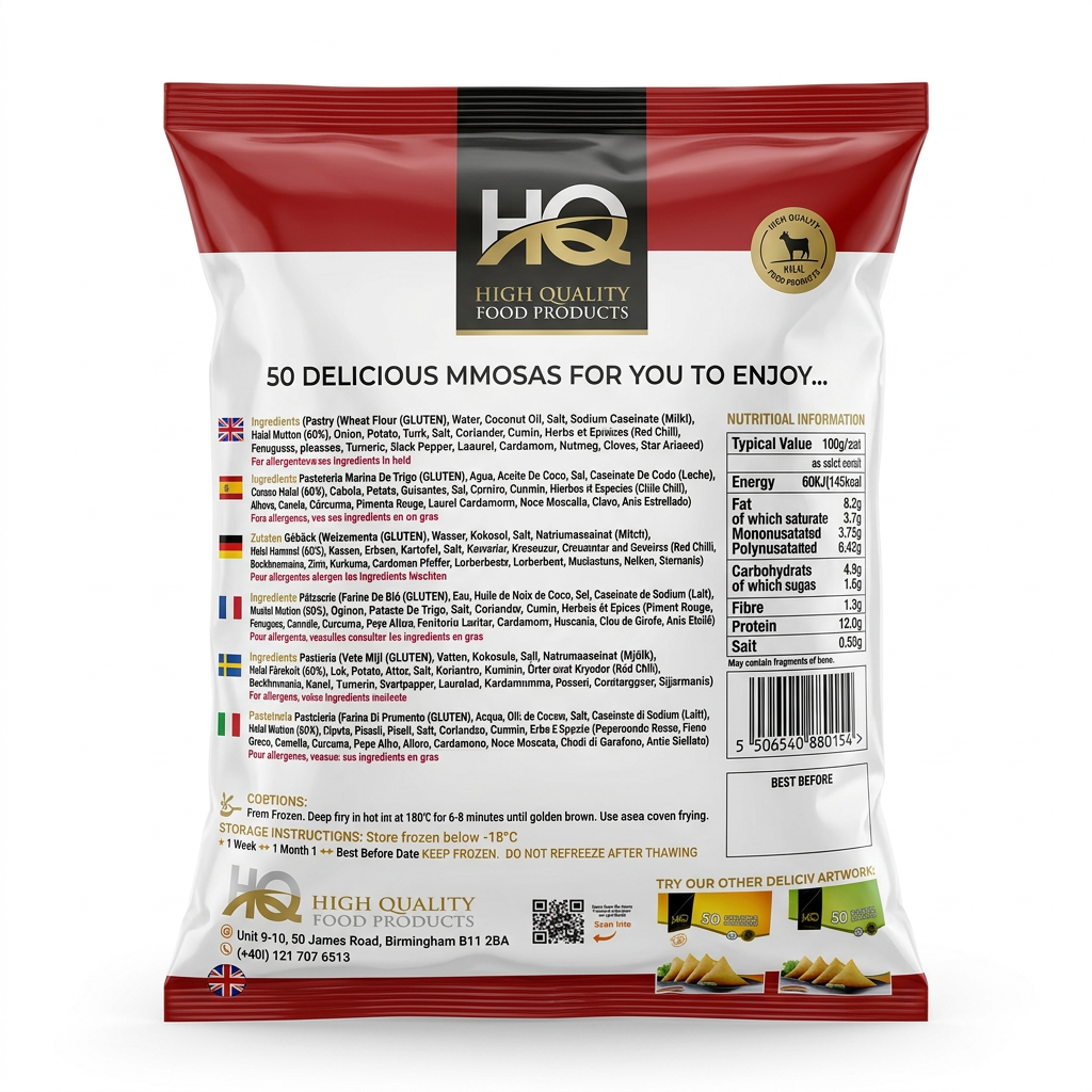 HQ Frozen Meat Samosas by HQ Frozen — back view showing ingredients and product details, studio product photo on white background
