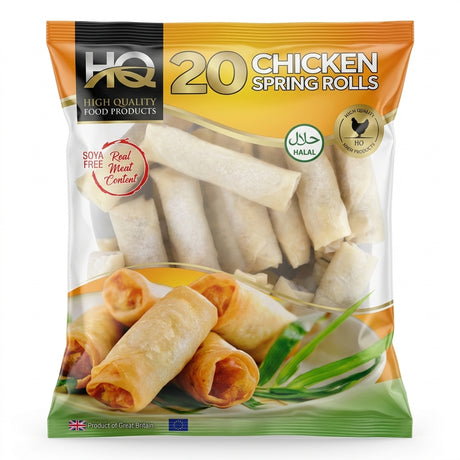 HQ Frozen Chicken Spring Rolls by HQ Frozen — front view showing product label and branding, studio product photo on white background