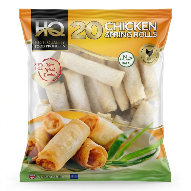 HQ Frozen Chicken Spring Rolls by HQ Frozen — front view showing product label and branding, studio product photo on white background
