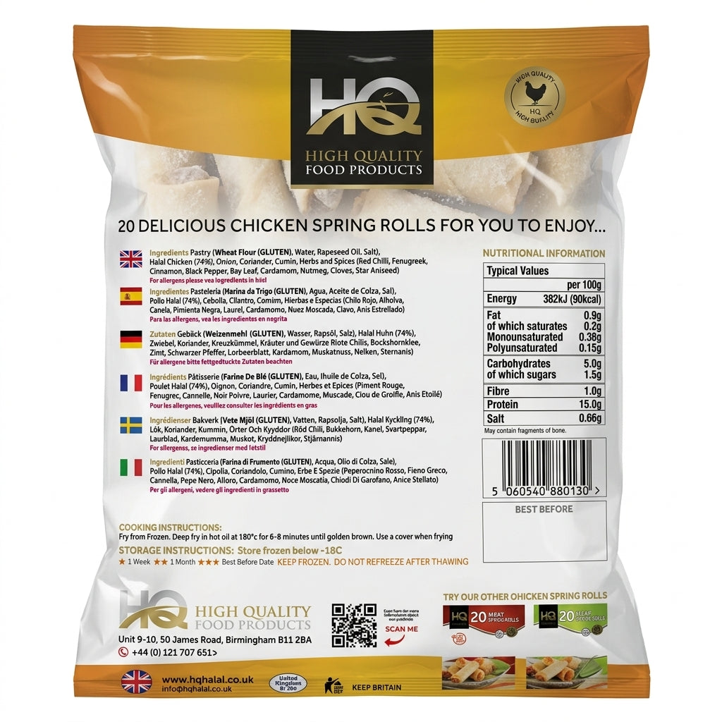 HQ Frozen Chicken Spring Rolls by HQ Frozen — back view showing ingredients and product details, studio product photo on white background