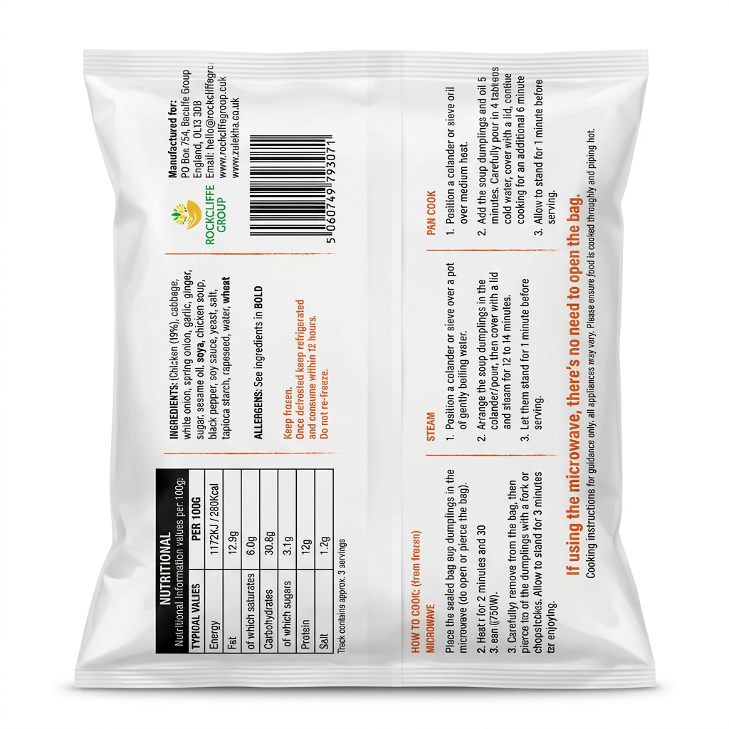 Zulekha Frozen Chicken Soup Dumplings by Zulekha Frozen — back view showing ingredients and product details, studio product photo on white background