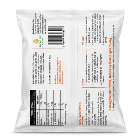 Zulekha Frozen Chicken Soup Dumplings by Zulekha Frozen — back view showing ingredients and product details, studio product photo on white background