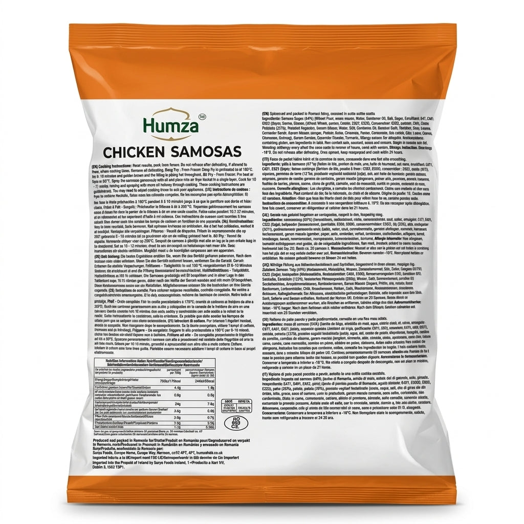 Humza Frozen Chicken Samosas by Humza Frozen — back view showing ingredients and product details, studio product photo on white background