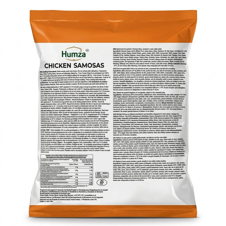 Humza Frozen Chicken Samosas by Humza Frozen — back view showing ingredients and product details, studio product photo on white background