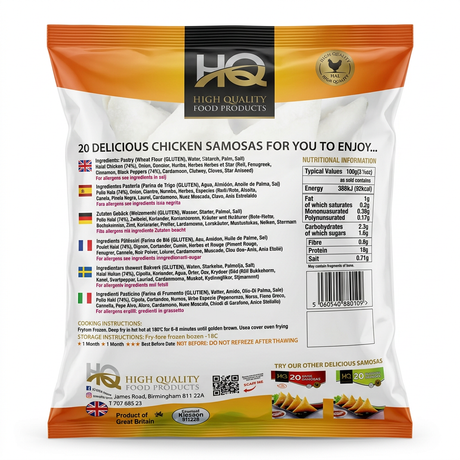 HQ Frozen Chicken Samosas by HQ Frozen — back view showing ingredients and product details, studio product photo on white background