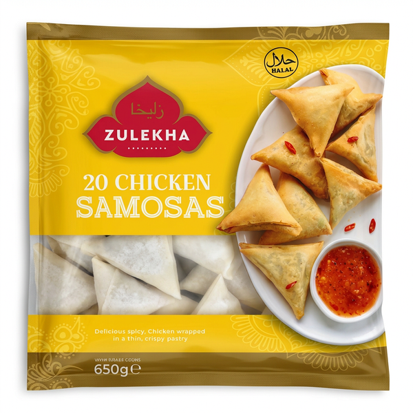 Zulekha Frozen Chicken Samosas by Zulekha Frozen — front view showing product label and branding, studio product photo on white background