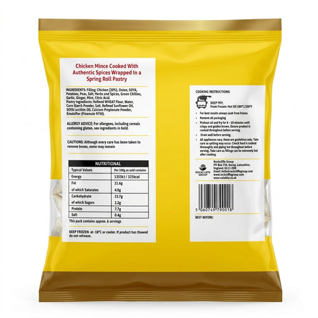 Zulekha Frozen Chicken Samosas by Zulekha Frozen — back view showing ingredients and product details, studio product photo on white background