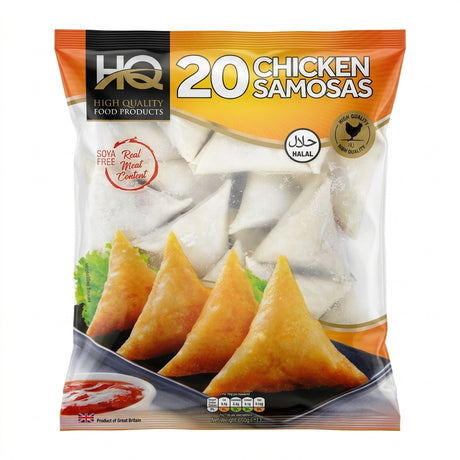 HQ Frozen Chicken Samosas by HQ Frozen — front view showing product label and branding, studio product photo on white background