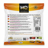 HQ Frozen Chicken Samosas by HQ Frozen — back view showing ingredients and product details, studio product photo on white background