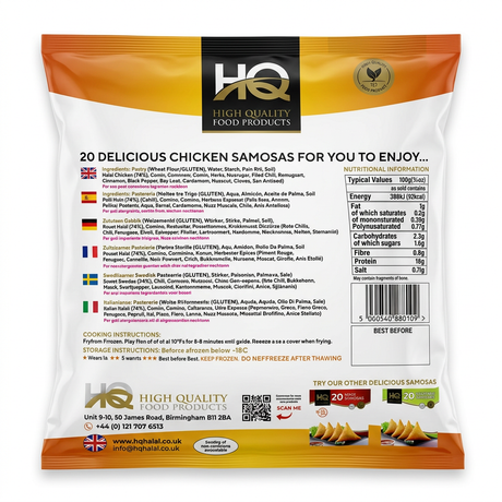 HQ Frozen Chicken Samosas by HQ Frozen — back view showing ingredients and product details, studio product photo on white background