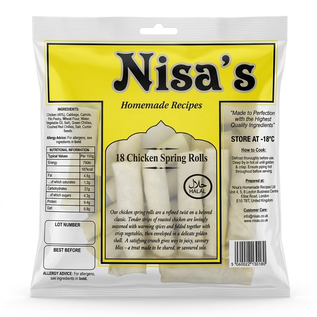 Nisa's Frozen Chicken Spring Rolls by Nisa's Frozen — back view showing ingredients and product details, studio product photo on white background