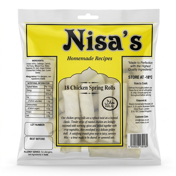 Nisa's Frozen Chicken Spring Rolls by Nisa's Frozen — back view showing ingredients and product details, studio product photo on white background